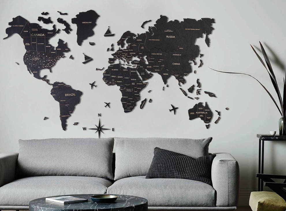 מפת עולם קיר עץ צבע שחור