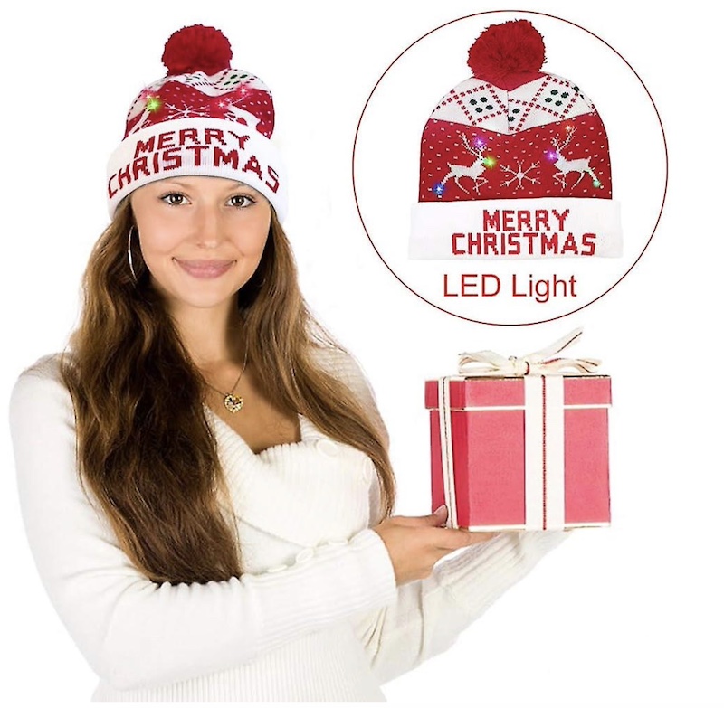 כובע חורף עם פונפון זוהר חג המולד עם נורות לד - MERRY CHRISTMAS