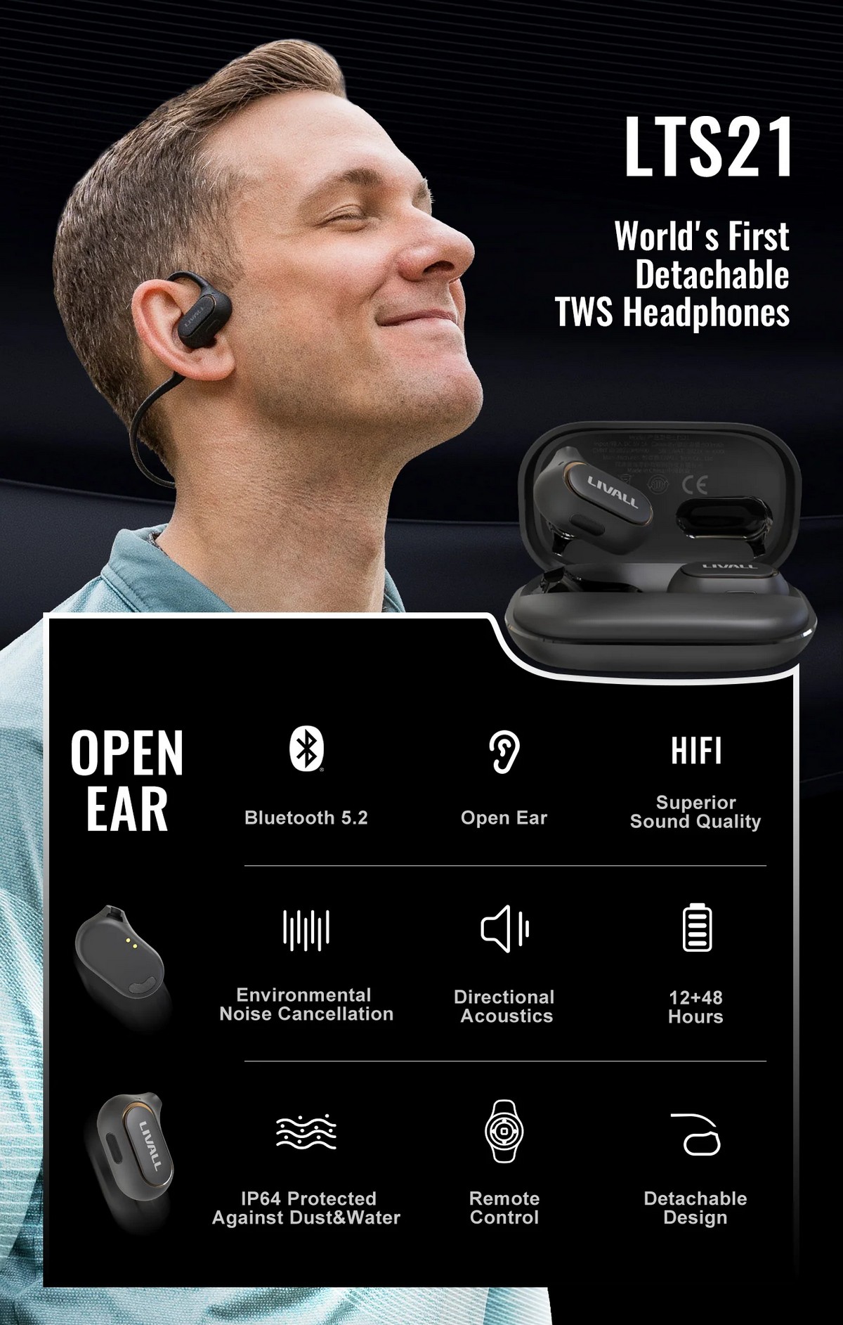 אוזניות אלחוטיות ספורט עם Bluetooth - עיצוב אוזן פתוחה ניתנת להסרה