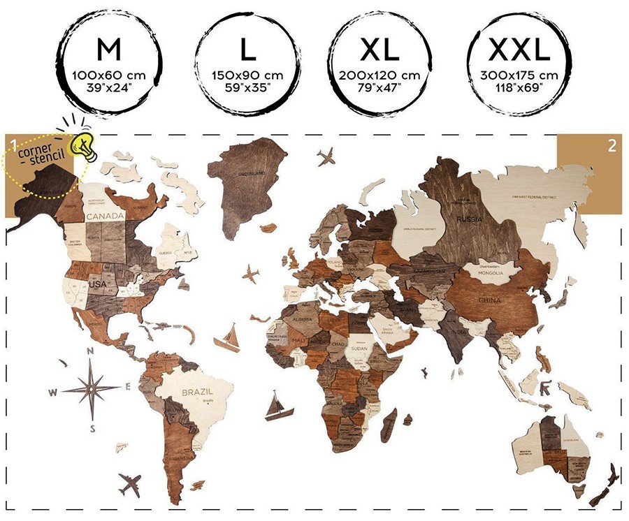 ציור עץ תלת ממדי בגודל XXL של מפת העולם