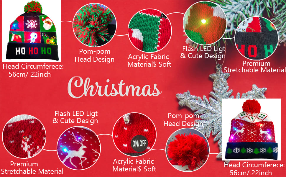 כובע חורף לחג המולד עם מוטיבים שונים (עיצובים) מואר עם LED